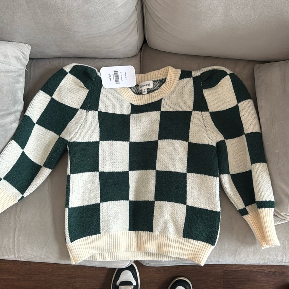 &merci Brand Green and Cream Checked Sweater